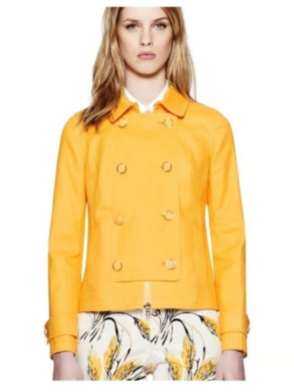 Tory Burch Yellow Denim Rain PeaCoat Jacket Waxed Cotton Sz 4 Like New